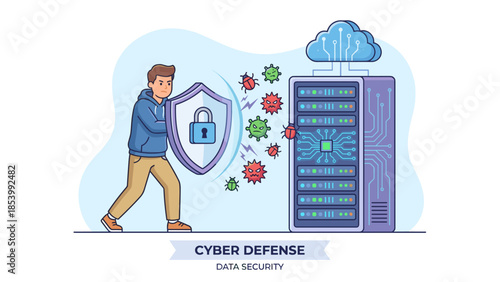 Cyber defense data security. Man with shield protecting server from virus attack. Malware bugs. Cloud safety. Firewall technology. Antivirus guard. Network safety against hacker.