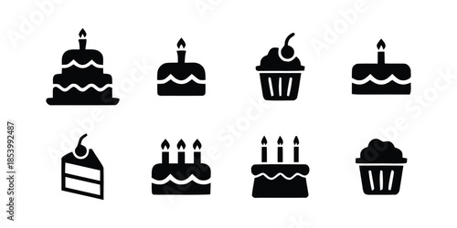 Birthday Cake Silhouette Set Vector. Birthday cake icon set isolated on white background