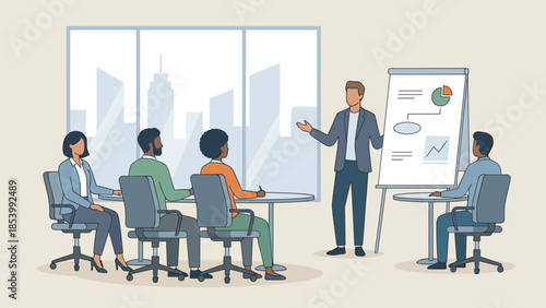 Corporate training workshop presentation. Business meeting seminar. Trainer explaining strategy on flipchart. Office education coaching. Team learning professional skills concept.