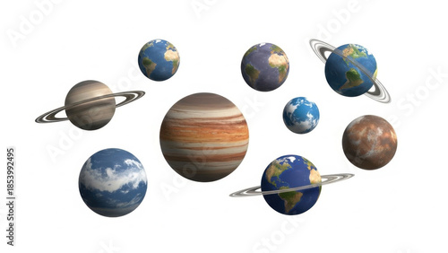 Up to eight 3d planets and moons in space with rings and various textures