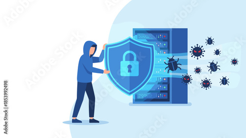 Data security breach prevention. Cybersecurity expert holding shield protecting server from malware bugs and virus attacks. Antivirus firewall defense. Network safety against hacking.