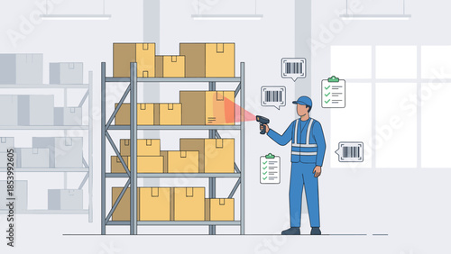Warehouse worker scanning boxes. Inventory management logistics. Distribution center employee with barcode scanner. Supply chain stock check. Shipping business. Industrial storage.
