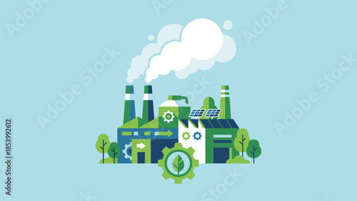Green eco factory concept. Sustainable industry illustration. Manufacturing plant with solar panels. Clean energy production. Environment protection. Carbon neutral. Flat vector design.