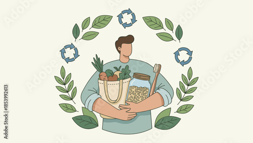 Zero waste lifestyle. Eco friendly man with reusable bag glass jar bamboo toothbrush. Sustainable living. Recycling arrows. Green ecology. Environment protection. Save planet. Nature