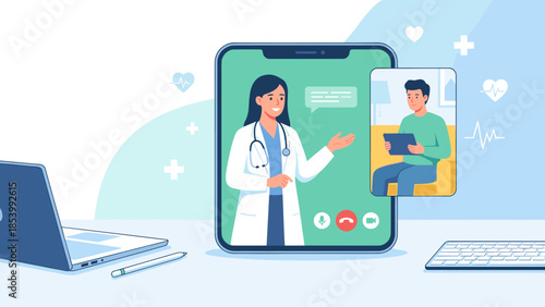 Telemedicine concept. Online doctor consultation. Digital health. Physician consulting patient via video call. Remote medical advice. Healthcare technology vector illustration.