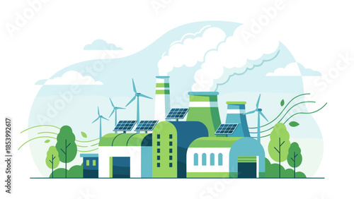 Green eco factory with solar panels and wind turbines. Sustainable manufacturing concept. Renewable energy clean steam. Ecology environment protection. Modern industrial plant vector.