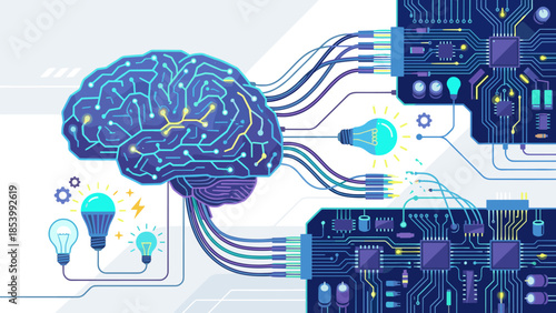 Artificial intelligence brain with circuit board. Machine learning technology. Smart innovation lightbulb idea. Digital neural network cyber mind. Futuristic data science vector.