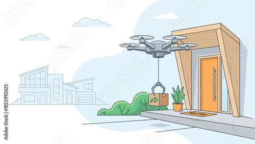 Drone delivery service. Quadcopter flying with cardboard box to house door. Modern shipping logistics technology. Automated air transport. Future courier robot. Contactless concept