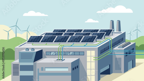 Solar panels on modern factory roof. Industrial renewable energy. Photovoltaic power station. Sustainable electricity. Green eco manufacturing plant. Wind turbines. Alternative power.