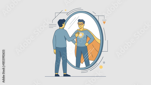 Man looking in mirror seeing superhero reflection. Self confidence concept. Leadership potential. Inner strength motivation. Ambition success. Self esteem. Hero power. Courage.