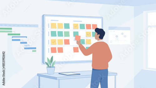 Project management concept. Man organizing tasks on kanban board sticky notes. Agile scrum planning. Business strategy timeline schedule. Gantt chart. Office productivity process