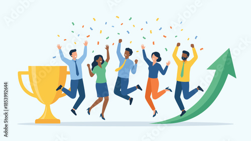 Business team celebrating success concept. Happy diverse group jumping with golden trophy and rising arrow. Corporate victory. Financial growth and teamwork. Winner confetti party.