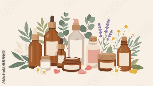 Organic skincare products set. Natural cosmetic bottles jars leaves flowers. Spa aromatherapy wellness. Eco friendly packaging. Herbal essence. Face cream. Vector illustration design.
