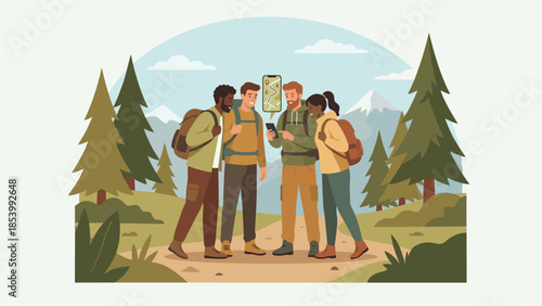 Group of friends hiking in nature looking at map on smartphone. Backpackers using GPS navigation app. Adventure travel concept. Tourists trekking outdoors. Flat vector illustration.