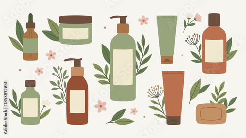Organic skincare set. Natural cosmetic bottles jars with leaves flowers. Eco friendly packaging concept. Herbal wellness spa beauty products. Body care routine. Vector illustration.