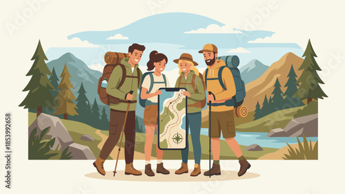 Group of friends hiking looking at map on smartphone. Hikers with backpacks using gps navigation. Travel adventure concept. People trekking outdoors finding path. Vector illustration.