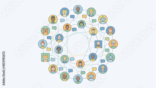 Online community network. Diverse avatars connected in circle. Social media forum. Communication speech bubbles. Digital interaction. People robots animals. Global connection.