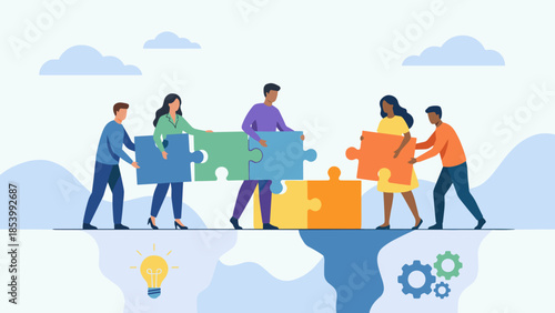 Business team connecting puzzle pieces. Building bridge metaphor. Teamwork collaboration concept. Bridging gap solution. Strategy partnership success. Problem solving. Flat vector.
