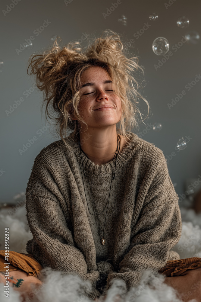 custom made wallpaper toronto digitalPeaceful Meditation with Serene Smile and Cloudlike Laughter Bubbles in Minimal Spiritual Calm