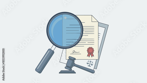 Magnifying glass examining legal contract document. Judge gavel and scales. Law review scrutiny audit compliance concept. Business agreement inspection. Flat vector illustration.