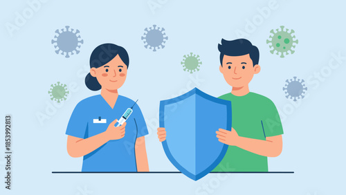 Healthcare vaccination concept. Nurse doctor holding syringe. Man holding shield protection against virus. Immunity defense. Medical injection. Disease prevention. Safety. Vector