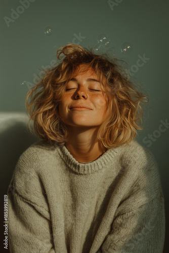 Wallpaper Mural Peaceful Meditation with Serene Smile and Cloudlike Laughter Bubbles in Minimal Spiritual Calm Torontodigital.ca