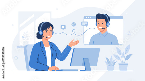 Customer service representative wearing headset helping client. Online support call center. Happy female agent smiling. Video conference communication. Business operator assistance.