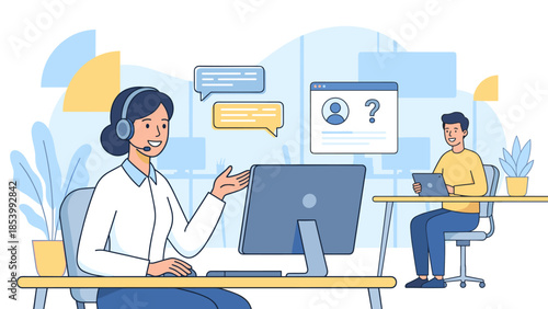 Customer service representative wearing headset. Call center support agent helping client. Online help desk chat. Business operator consulting user. Communication hotline concept.