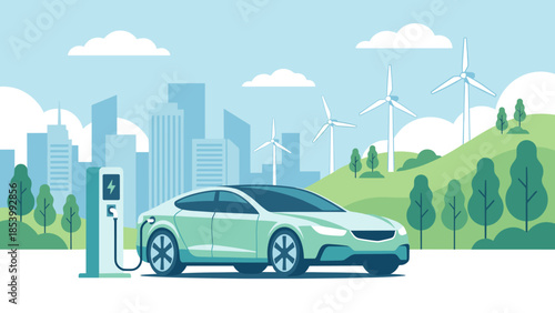 Electric car charging station. Eco friendly vehicle. Green energy city wind turbines. Sustainable transport. Renewable power. Modern urban lifestyle. Plug in hybrid auto concept.