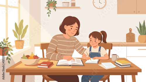 Mother helping daughter with homework at kitchen table. Parent teaching child. Homeschooling concept. Education and learning at home. Family study time. Flat vector illustration design.
