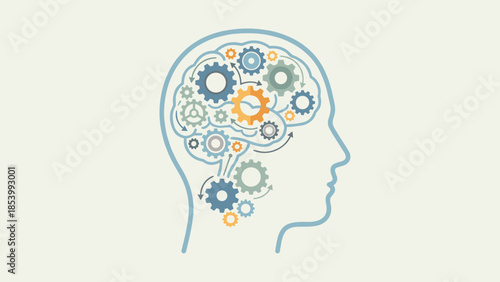 Stylized gear mechanism inside human head silhouette. Critical thinking logic concept. Brain working with cogwheels. Mental health psychology. Intellectual process. Problem solving.