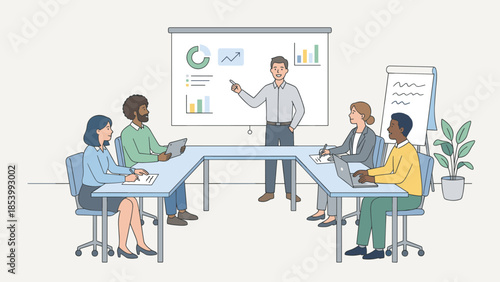 Corporate training workshop. Business trainer presenting data charts. Meeting room seminar. Diverse team learning. Employee education. Professional development. Coaching. Conference.