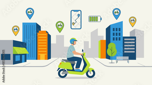 Electric scooter sharing service app. Man riding rental e-scooter in city. Urban transportation concept. GPS map location pins. Eco friendly commute. Smart mobility battery. Vector