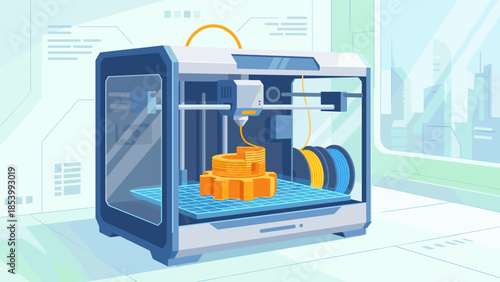 3D printer creating gear prototype. Additive manufacturing technology. Industrial engineering. Future tech flat vector illustration. Rapid prototyping automation. Innovation design.