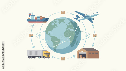 Global logistics network worldwide shipping. Cargo ship airplane truck warehouse around earth. International supply chain distribution. Freight transport. Import export delivery.