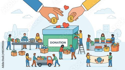Charity donation concept. Giant hands drop money hearts in box. Tiny volunteers sort food clothes. Humanitarian aid fundraising. Community philanthropy. Social welfare. Helping hand care.