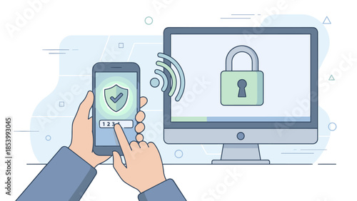 Two factor authentication security. Hands holding smartphone entering verification code. Computer screen lock. 2FA login concept. Cybersecurity technology. Online safety protection.