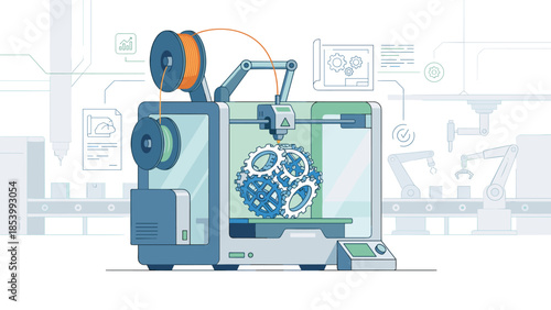 3D printer machine creating prototype gear. Additive manufacturing technology. Industry 4.0 automation. Factory robotic arms. Engineering innovation flat vector design illustration