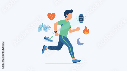 Smart healthcare wearable. Man running with floating health metrics icons. Fitness tracker watch monitor heart rate lungs calories. Digital medical data. Jogging activity vector.