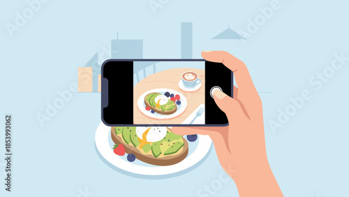 Hand holding smartphone taking photo of healthy breakfast food. Social media influencer blogging concept. Mobile photography. Digital lifestyle sharing. Vector illustration flat design.