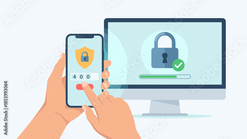 Two factor authentication concept. 2FA security login. Hands holding phone entering code. Computer monitor lock. Cybersecurity verification. Digital safety. Identity protection.