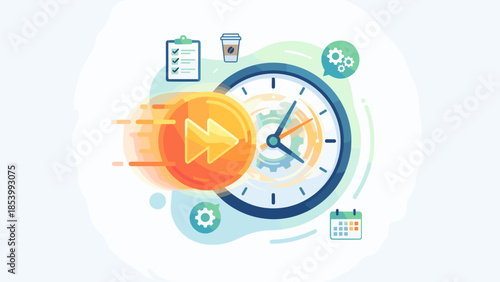 Time management concept. Fast forward button speeding up clock. Business productivity and efficiency. Work deadline urgency. Optimize schedule workflow. Speed up task. Vector