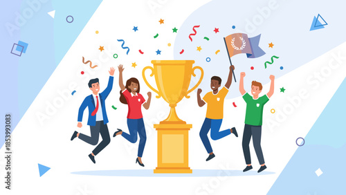 Successful team celebrating victory with gold trophy cup. Happy diverse business people jumping win award. Corporate achievement teamwork success. Winning champions celebration confetti.
