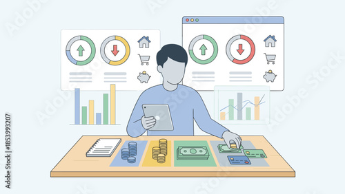 Personal finance budget planning concept. Man organizing money coins bills credit cards. Investment savings strategy. Financial management with tablet. Accounting growth charts analysis.