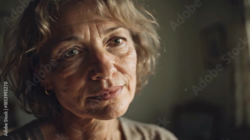 Middle aged woman with sad expression looking around room with concern