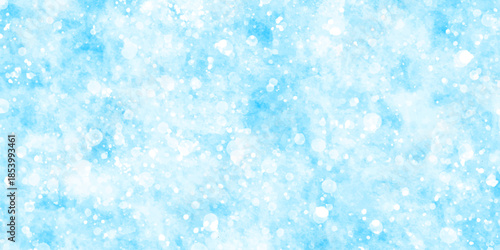 Abstract blue grunge background with bokeh effect snowflakes texture. Soft sky-blue paint aquarelle hand-painted watercolor background design. beautiful bright blue paper texture.