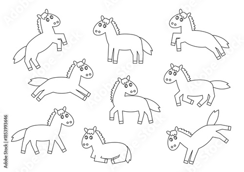 線画のかわいい馬のポーズセットイラスト