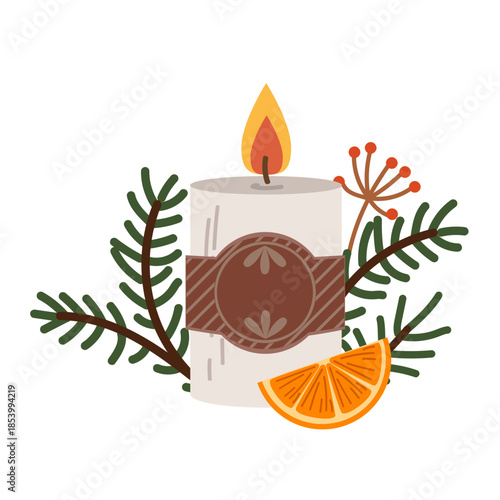 Flat festive candle decorated with fir branches. New Year's and Christmas illustration.