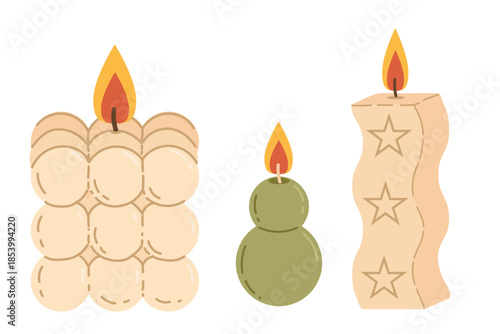 Flat lay of candles in various shapes. Illustration of cozy decorative lighting elements, hand-drawn.