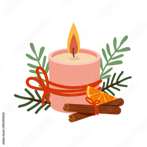 Flat festive candle decorated with a spruce branch and cinnamon sticks. New Year's and Christmas illustration.